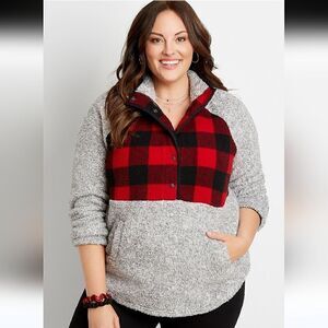 Maurices Plus Size Gray Buffalo Plaid Yoke Snap Front Sherpa Pullover Sweatshirt